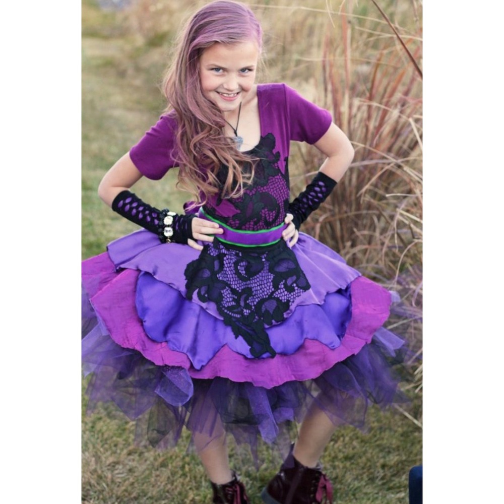 Disney Descendants 2 Mal Costume Dress Girls Small Purple Black Tulle Lace - Picture 1 of 8